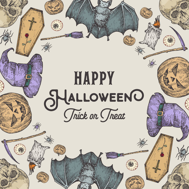Halloween Sketch Wreath Card or Banner Template. Advertising Holiday Vector Illustration with Retro Typography and Bright Colors. Hand Drawn Pumpkin, Bat, Coffin, Hat, Scythe and Sculls. - Vektör, Görsel