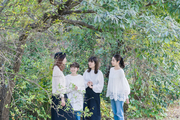 Beyaz gömlek giyen ve parkta sohbet eden 4 Japon genç kadın. - Fotoğraf, Görsel