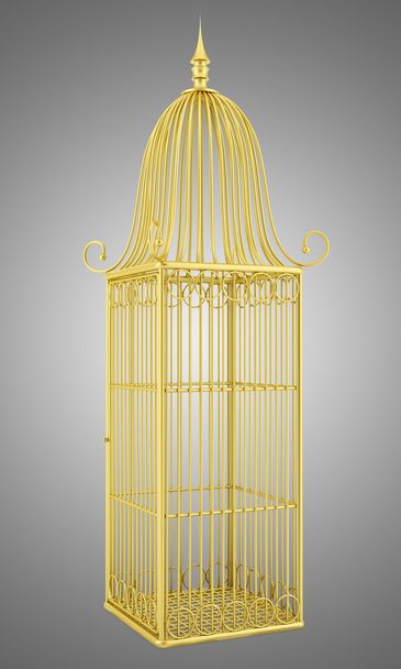 jaula de pájaro dorado vacío aislado sobre fondo gris
 - Foto, imagen
