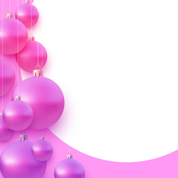 Fundo arredondado com bolas de árvore de natal rosa penduradas em cordas - Vetor, Imagem