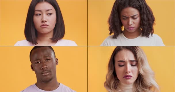 Traurigkeit und Lebensprobleme. Mosaikcollage multiethnischer aufgebrachter Menschen, die sich die Lippen schmutzig machen und beleidigt aussehen - Filmmaterial, Video