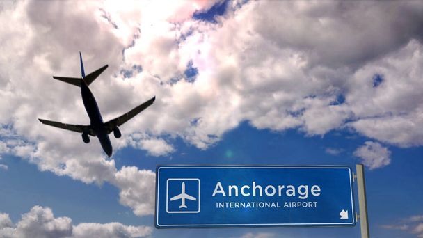 Silueta de avión aterrizando en Anchorage, Alaska, EE.UU. Llegada a la ciudad con letrero de dirección del aeropuerto internacional y cielo azul en el fondo. Viajes, viajes y transporte concepto 3d ilustración. - Foto, Imagen