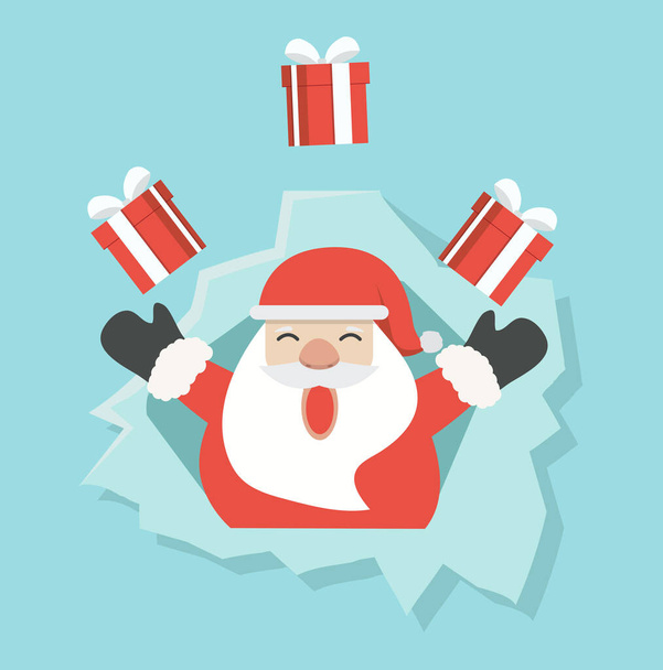 Santa Claus with gift in ripped paper hole - Wektor, obraz