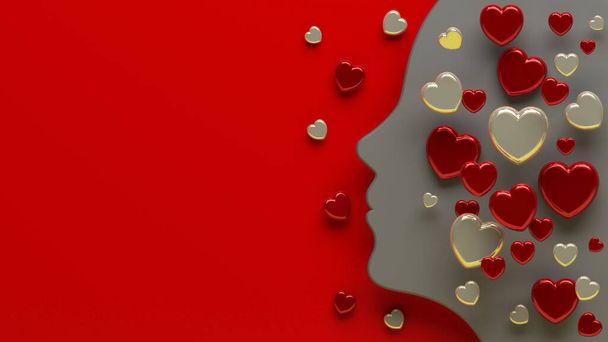 3d rendering of a red flat woman's face silhouette surrounded by red & golden hearts over red background - 写真・画像