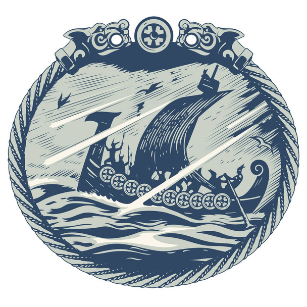 Viikinkisuunnittelu. Drakkar purjehtii myrskyisässä meressä. Skandinaavisen kuvion puitteissa - Vektori, kuva