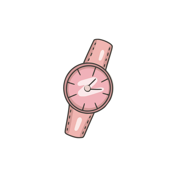 Reloj de pulsera rosa de mujer. Cosas de chicas. Accesorio glamuroso. Estilo garabato coloreado. Ilustración vectorial sobre fondo blanco aislado. Para imprimir en postales, telas, embalajes, telas - Vector, imagen
