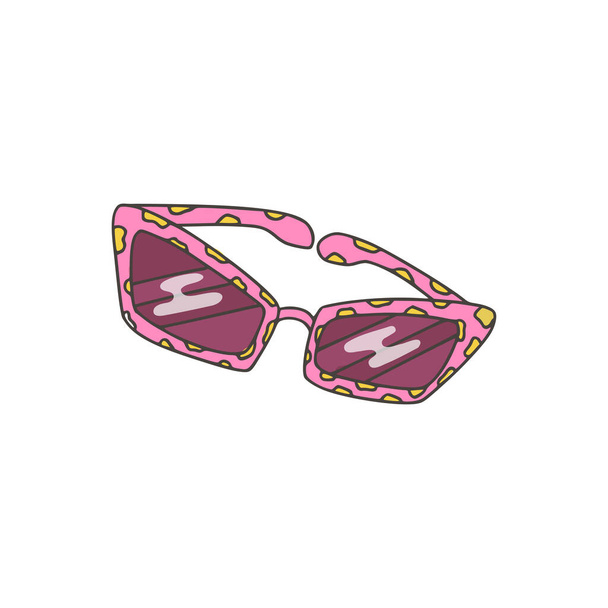 Óculos de sol glamourosos femininos. Um acessório elegante. Cor roxa, impressão de leopardo. Estilo doodle colorido. Ilustração vetorial desenhada à mão. Isolado em fundo branco. Para impressão e web. - Vetor, Imagem