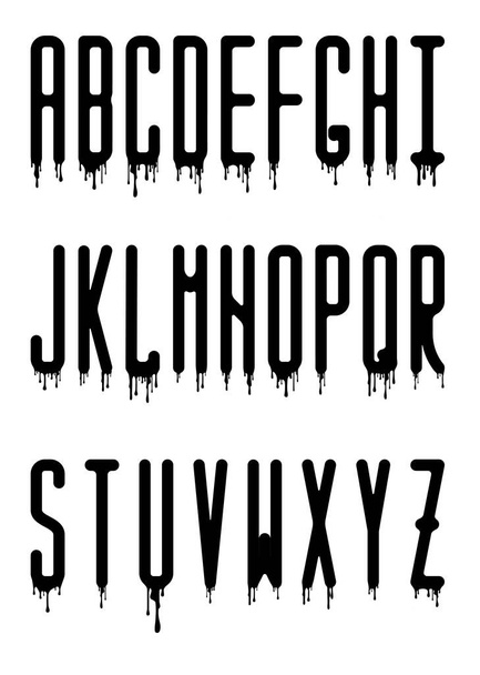 Dripping paint or blood condensing, narrow  alphabet with splattered paint or blood stains - Вектор, зображення