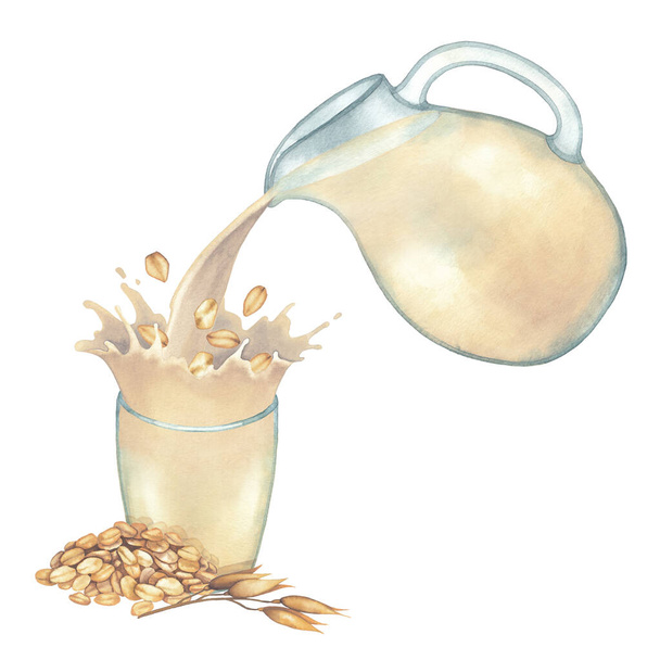 Aquarel plantaardige melk gieten uit de glazen kan in de beker met een plons haver en versierd met granen - Foto, afbeelding