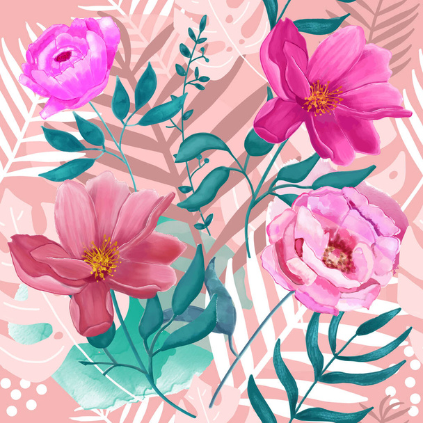 Vector Seamless Tropical, Floral Pattern με ακουαρέλα Χέρι ζωγραφισμένα Peonies, φύλλα φοίνικα, Monstera Flower, Αφηρημένες πιτσιλιές. Abstract, Modern Background for Surface Design, Ταπετσαρία, Εκτυπώσεις, Σχεδιασμός υφασμάτων - Διάνυσμα, εικόνα
