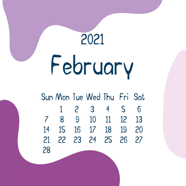 2021 helmikuu kalenteri abstrakteja muotoja taustalla. Värikäs moderni kalenteri trendikkäitä värejä, kuukausittainen suunnittelija. Vektori tasainen kuva. Moderni yksinkertainen muotoilu. Talvikuukausi - Vektori, kuva