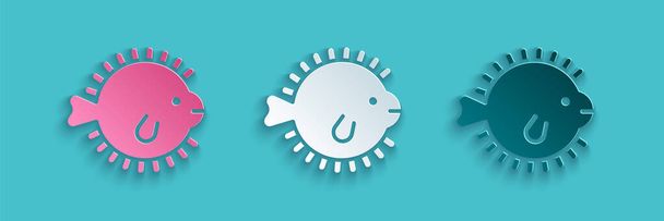 Paper cut Puffer fish icon isolated on blue background. Fugu fish japanese puffer fish. Paper art style. Vector. - Vector, Image