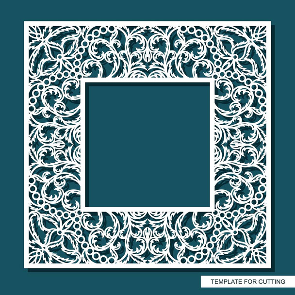 Square frame for photos, pictures, mirrors. Openwork lace pattern, oriental floral ornament of leaves, curls. Template for plotter laser cutting (cnc) of paper, cardboard, plywood, wood carving, metal - Vector, Image