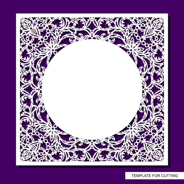 Beautiful square frame with lace border and place for text. Openwork floral pattern from leaves. Blank for cards, wedding invitations, certificates. Template for plotter laser cutting (cnc). Vector. - Vector, Image
