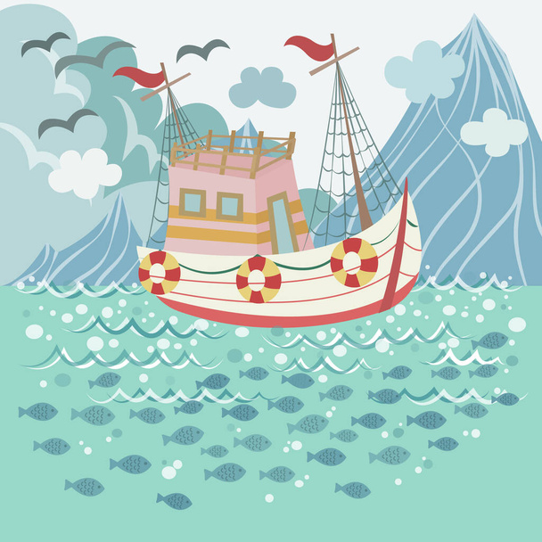 Vissersboot drijvend in de zee met veel vis vector illustratie cartoon. Een boot die in de middelste zee vaart. Pastel boot en zee vector cartoon.  - Vector, afbeelding