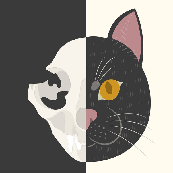 Leben und Tod von Schrodingers Katzenvektorillustration. Schrödingers berühmtes Gedankenexperiment. Halb lebendige halb tote Katze. Halber Schädel halb Gesicht der Katze. - Vektor, Bild