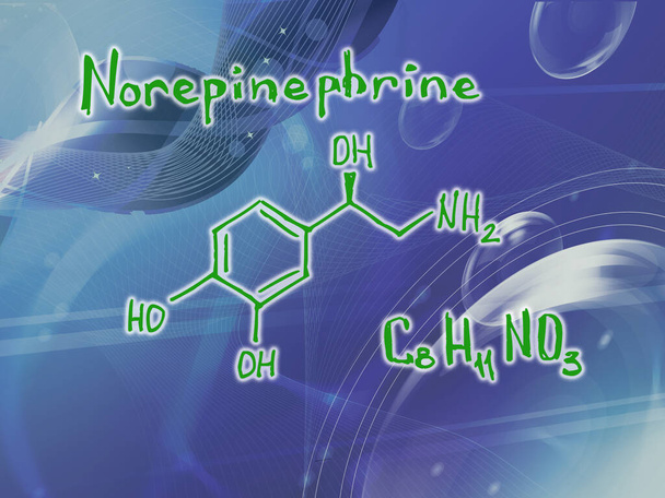 Chemical molecular formula of the hormone Norepinephrine Y . Infographics. Abstract bright glitter blue background. - Photo, Image