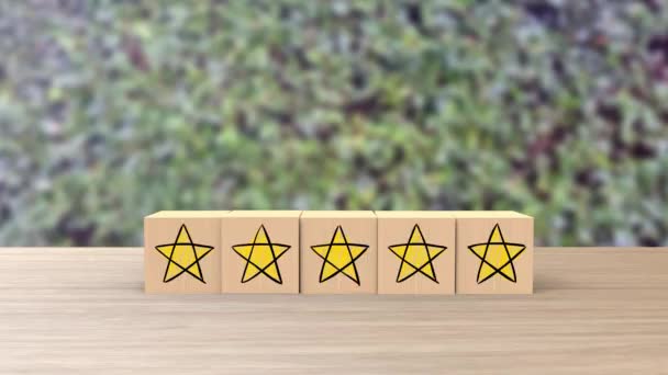 Animated five Star Cartoon Sketch Style Wooden cube review blur leaves background. Service rating, satisfaction concept. reviews and comments google maps, tripadvisor, facebook. online evaluations. - Footage, Video