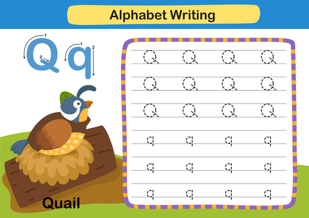 Alphabet Lettre exercice Q-Caille avec illustration de vocabulaire de bande dessinée, vecteur - Vecteur, image