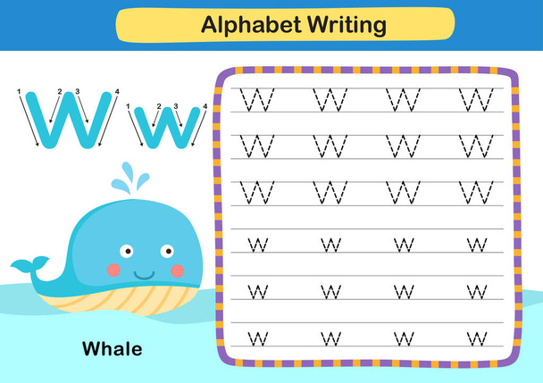 Άσκηση γραμματοσειράς W-Whale με εικονογράφηση λεξιλογίου κινουμένων σχεδίων, διάνυσμα - Διάνυσμα, εικόνα