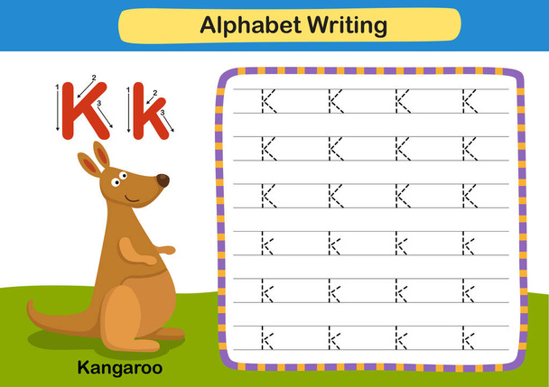 Alfabeto Lettera esercizio K-Kangaroo con illustrazione del vocabolario dei cartoni animati, vettore - Vettoriali, immagini