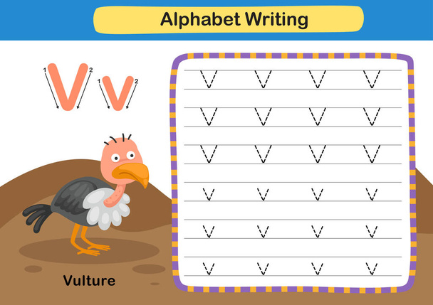 alfabeto Carta ejercicio V-Buitre con ilustración de vocabulario de dibujos animados, vector - Vector, imagen