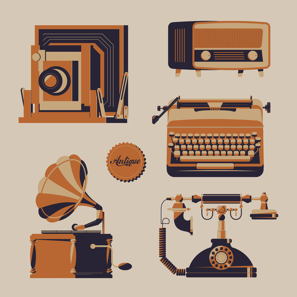 Векторный набор антикварных предметов: фотоаппарат, радиоприемник, граммофон, телефон и пишущая машинка - Вектор,изображение