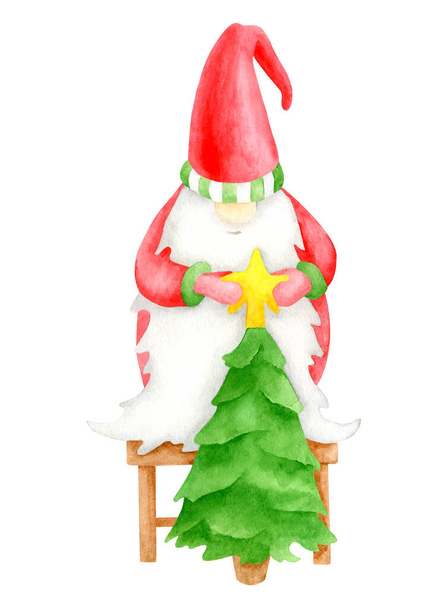 Akwarela Christmas gnome z choinką i topper gwiazdy. Ręcznie rysowane dekoracje noworoczne. Nordycki charakter folkloru odizolowany na białym tle. Ilustracja do kart noworocznych, dekoracja świąteczna - Zdjęcie, obraz
