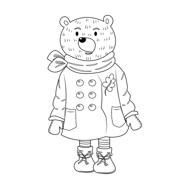 Un oso en traje de invierno vector de dibujos animados. Un lindo oso de peluche de dibujos animados incoloro para colorear libro. Página incolora para niño.  - Vector, imagen