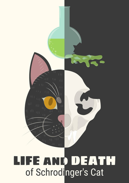 Leben und Tod von Schrodingers Katzenvektorillustration. Schrödingers berühmtes Gedankenexperiment. Halb lebendige halb tote Katze. Halber Schädel halb Gesicht der Katze. - Vektor, Bild