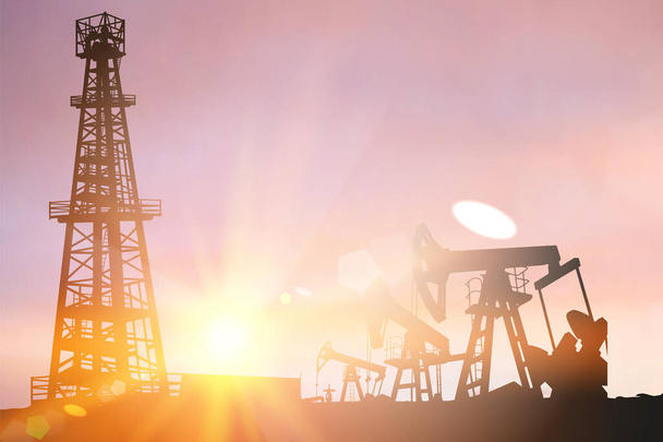 Darck silhoutte of oil rig and pumps during sunset. - Vector, Image
