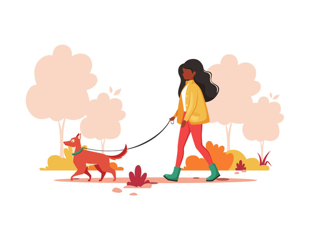 Zwarte vrouw die met hond loopt in de herfst. Buitenactiviteiten concept. Vectorillustratie. - Vector, afbeelding
