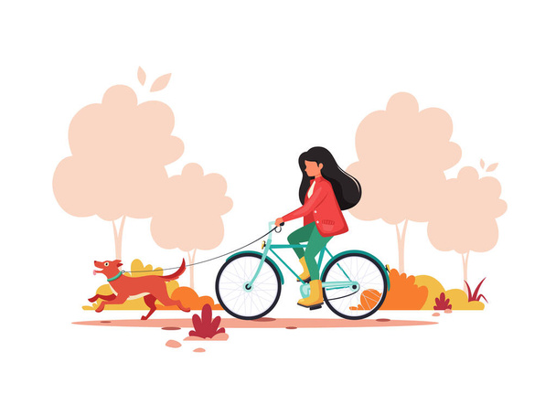 Donna in bicicletta con cane nel parco autunnale. Stile di vita sano, concetto di attività all'aperto. Illustrazione vettoriale. - Vettoriali, immagini