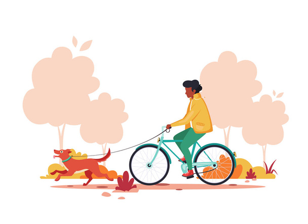Uomo nero in bicicletta con cane nel parco autunnale. Stile di vita sano, concetto di attività all'aperto. Illustrazione vettoriale. - Vettoriali, immagini