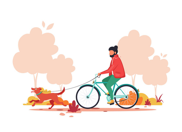 Człowiek jazda na rowerze z psem w jesiennym parku. Zdrowy styl życia, koncepcja aktywności na świeżym powietrzu. Ilustracja wektora. - Wektor, obraz
