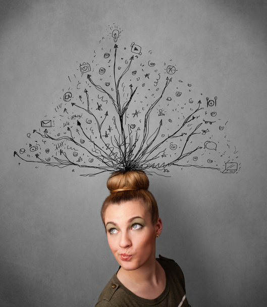 junge Frau mit verworrenen Linien, die aus ihrem Kopf kommen - Foto, Bild