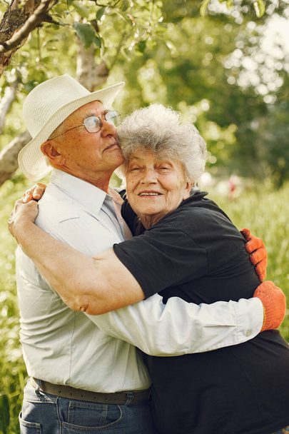 Beautiful old couple spend time in a summer garden - Fotoğraf, Görsel