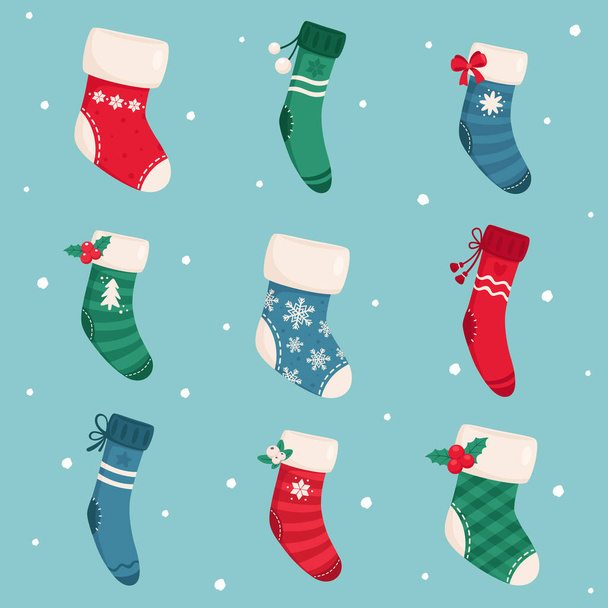 Коллекция рождественских носков. Рождественские чулки. Векторная иллюстрация - Вектор,изображение