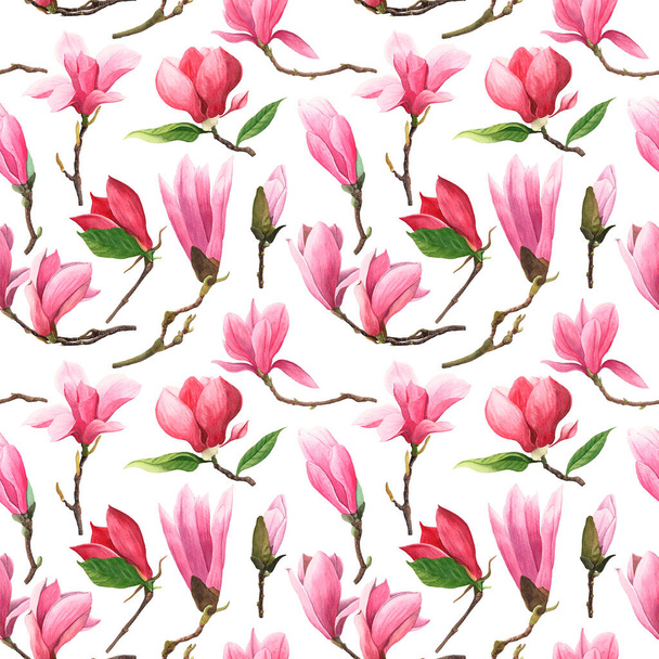 Seamless watercolor pattern. Flowers, leaves and buds of a magnolia tree on a white background. - Photo, image