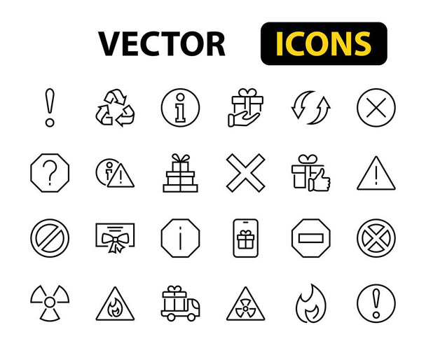 FIGYELEM egyszerű sor vékony vonal vektor ikonok. Tartalmaz ikonok, mint a figyelmeztetés, felkiáltójel, újrahasználat, figyelmeztető jel és így tovább. Szerkeszthető agyvérzés. Vektorillusztráció - Vektor, kép