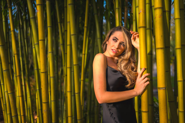 Lifestyle, blonde Caucasian girl in a black strappy dress, in some beautiful bamboo in the park outdoors, the girl perched holding on to the pole and looking at the sun - Фото, зображення