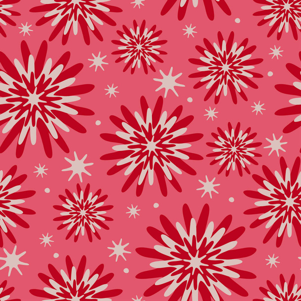 Seamless vector pattern with abstract flowers on pink background. Glowing floral wallpaper design with stars. Celebration fashion textile. - Vector, Imagen