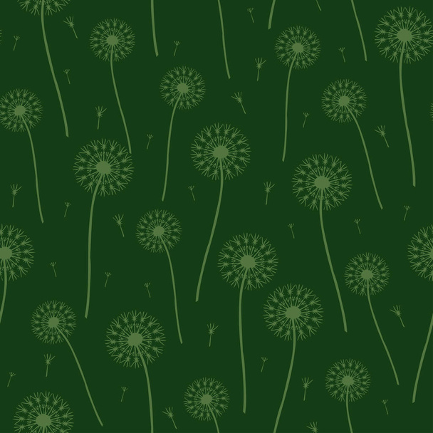 Seamless  vector pattern with dandelions on green background. Make a wish wallpaper design. Decorative floral fashion textile. - Vector, Image