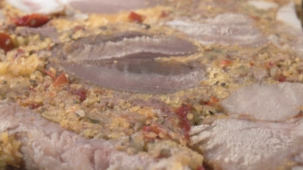 Bulgarian kavarma. The National dish. Slice cooked meat with spices. Cold ham. - Footage, Video