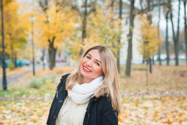 Cute girl in an autumn park on a background of yellow foliage - Foto, Imagem