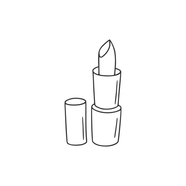 Lipstick tube with open lid. Beauty make-up product. Girly stuff. Linear doodle style. Vector illustration on isolated white background. For printing on paper and web. - Vector, Image