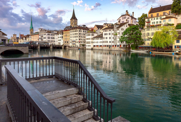 Zurich. Old city embankment and medieval houses at dawn. - Photo, Image