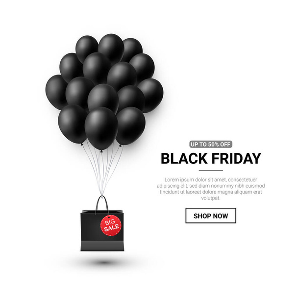 Manifesto di vendita venerdì nero con palloncini lucidi su sfondo bianco. Illustrazione vettoriale. - Vettoriali, immagini