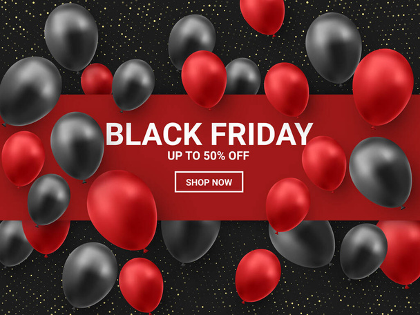 Zwarte vrijdag verkoop poster met glanzende ballonnen op donkere achtergrond met rood vierkant frame. Vectorillustratie. - Vector, afbeelding