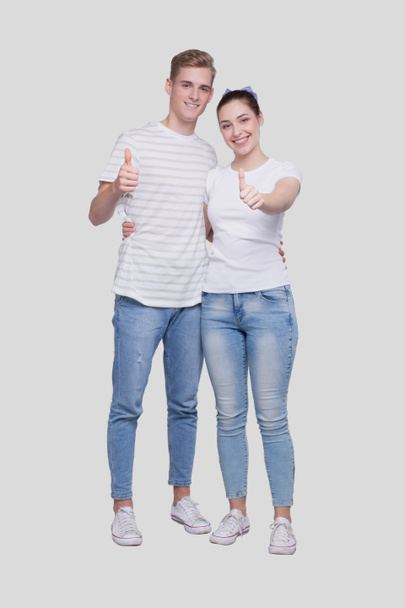 Couple Showing Thumb up Standing Isolated. Man and Woman Hugging, Lovers, Friends, Couple Concept. Sign - Foto, immagini